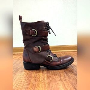 Born Women's Marxia Moto Combat Boot Size 8 brown Burgundy Buckle Lace Up